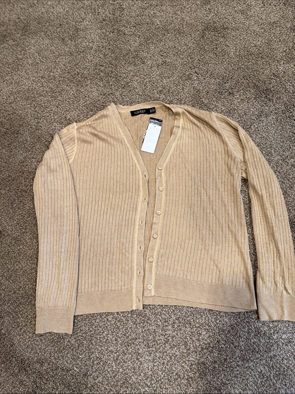 Lauren Ralph Lauren Beige Ribbed V-Neck Button Cardigan